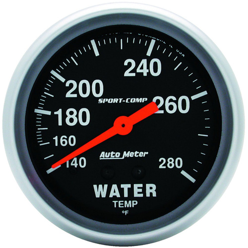 Autometer Gauge, Sport-Comp, Water Temperature, 2 5/8 in, 140-280 Degrees F, Mechanical, Analog, Each