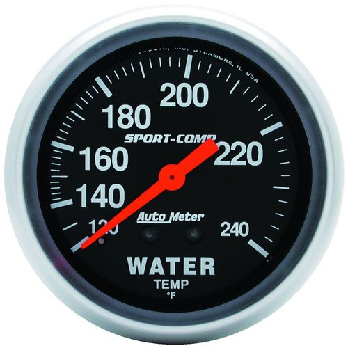 Autometer Gauge, Sport-Comp, Water Temperature, 2 5/8 in, 120-240 Degrees F, Mechanical, 12ft, Analog, Each