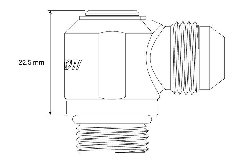 Proflow Low Profile Banjo Fitting, -06AN Male To -08AN ORB Male, 90 Degree Diagram Image
