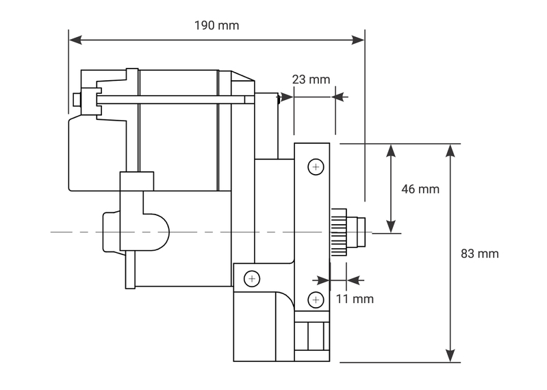 Proflow Starter Motor Power Torque Mini Black Wrinkle, For Chevrolet V8, 1.4Kw, Staggered Mount, 168 Tooth Flywheel Diagram Image