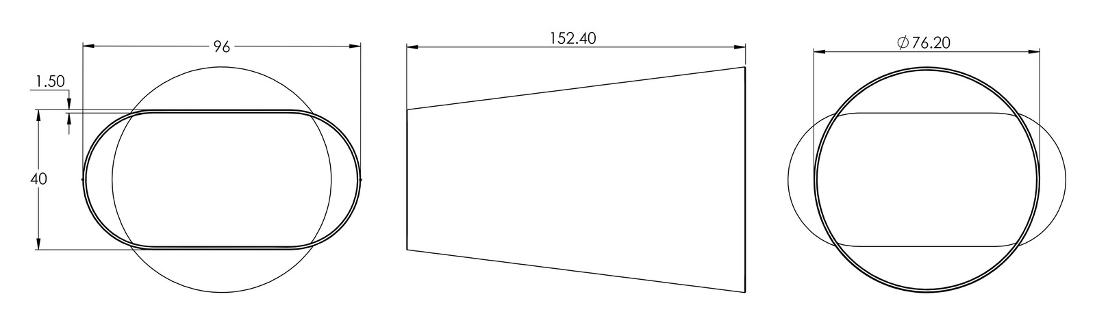 Proflow Pipe Adapter, Exhaust, Oval To Round, Stainless Steel, 3 in. Inlet/Outlet, 6 in. Length Diagram Image