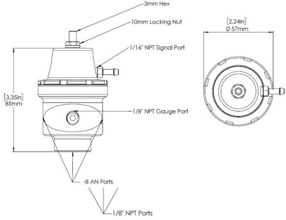 TURBOSMART FPR8 Low Pressure LP Fuel Pressure Regulator, For -8AN, Black, Each Diagram Image