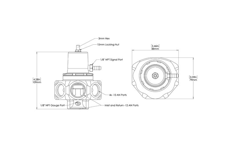 TURBOSMART FPR12 Pro EFI Fuel Pressure Regulator, 5 Port, For -12AN, Black, Each Diagram Image
