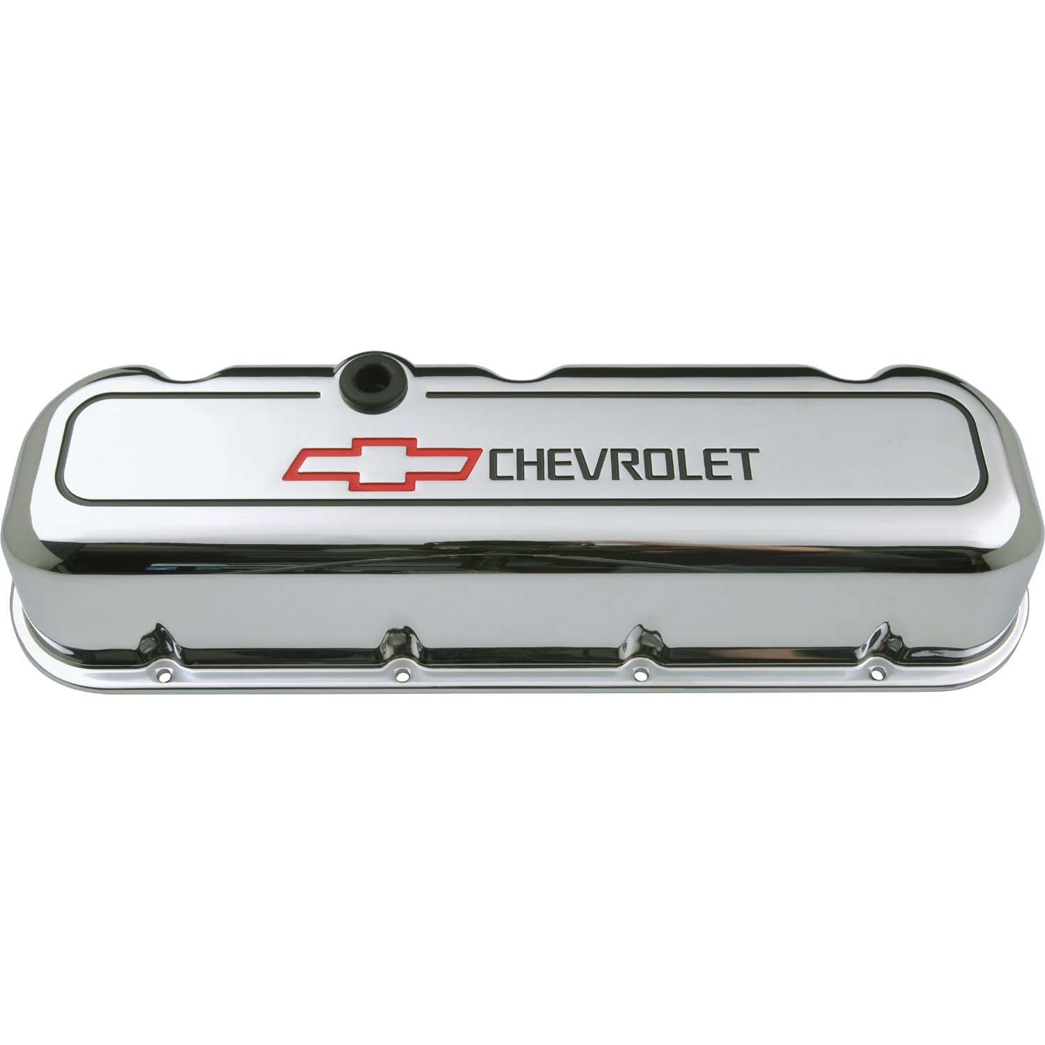 CHEVROLET & BOWTIE EMBLEM B/B VALVE COVERS, 1965 - LATER, TALL, DIE-CAST, CHROME