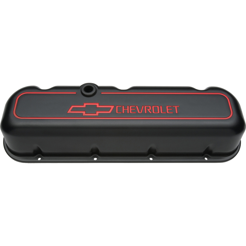CHEVROLET & BOWTIE EMBLEM B/B VALVE COVERS, 1965 - LATER, TALL, DIE-CAST, BLACK CRINKLE