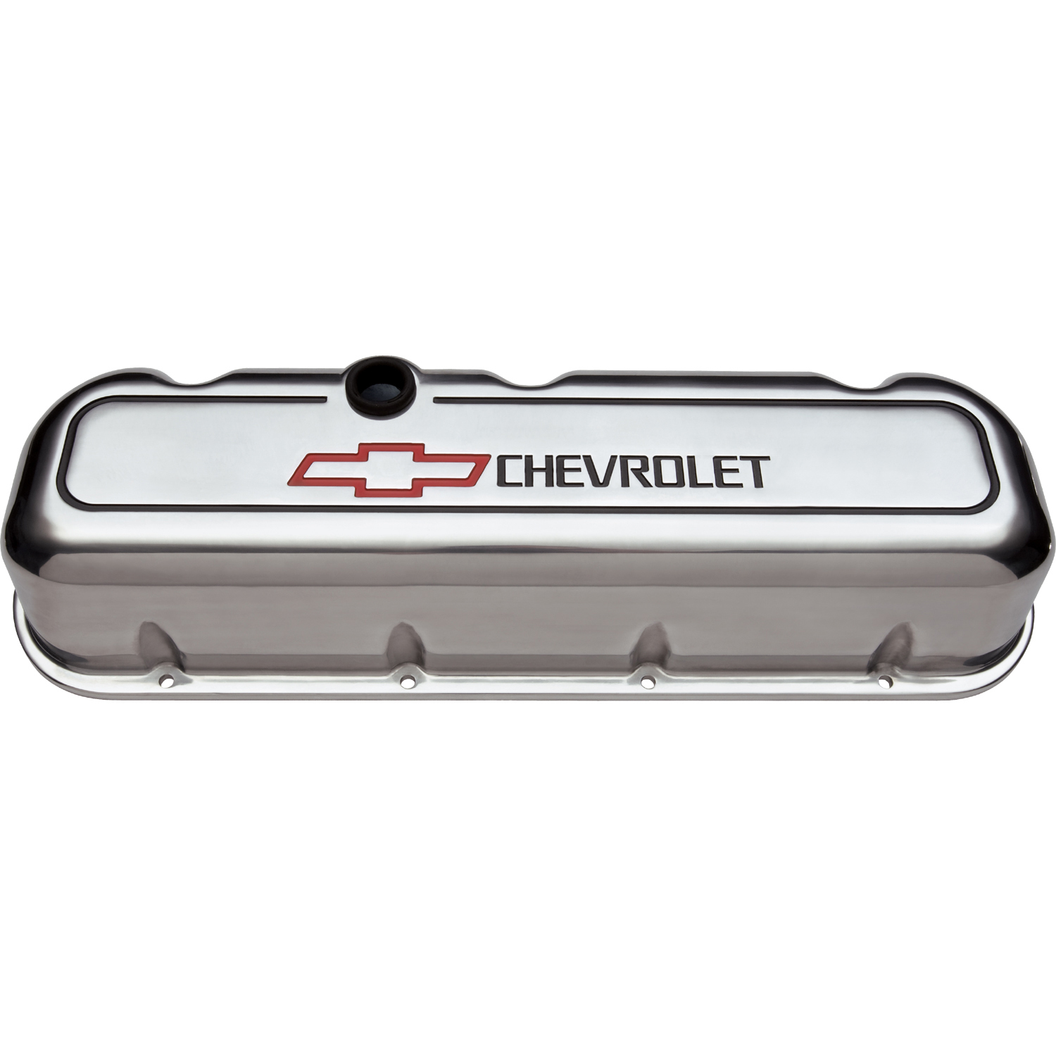 CHEVROLET & BOWTIE EMBLEM B/B VALVE COVERS, 1965 - LATER, TALL, DIE-CAST, POLISHED