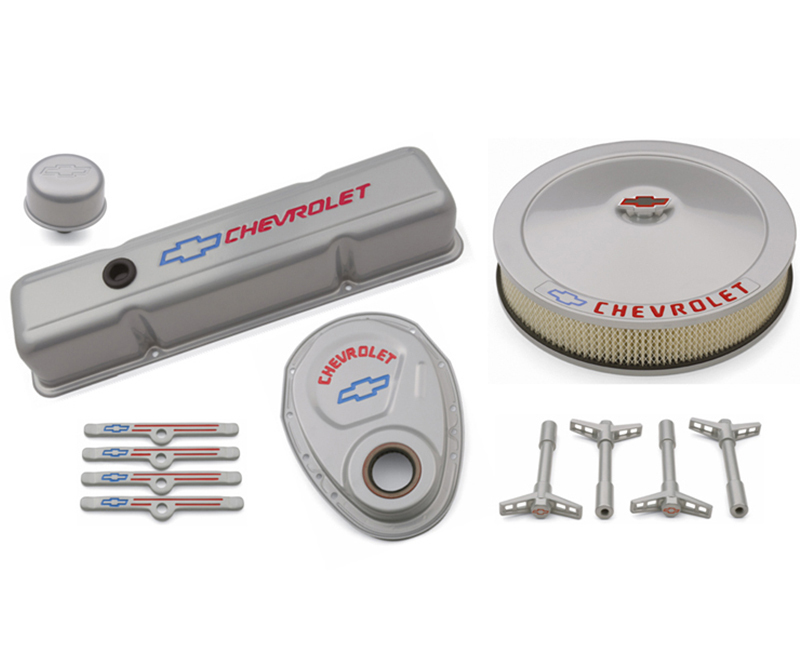 CHEVY METALLIC GRAY DRESS-UP KIT. BLUE BOWTIE, RED LETTERING. V/C, A/C, T/C COVER, H/D, B/CAP P/N 141-365