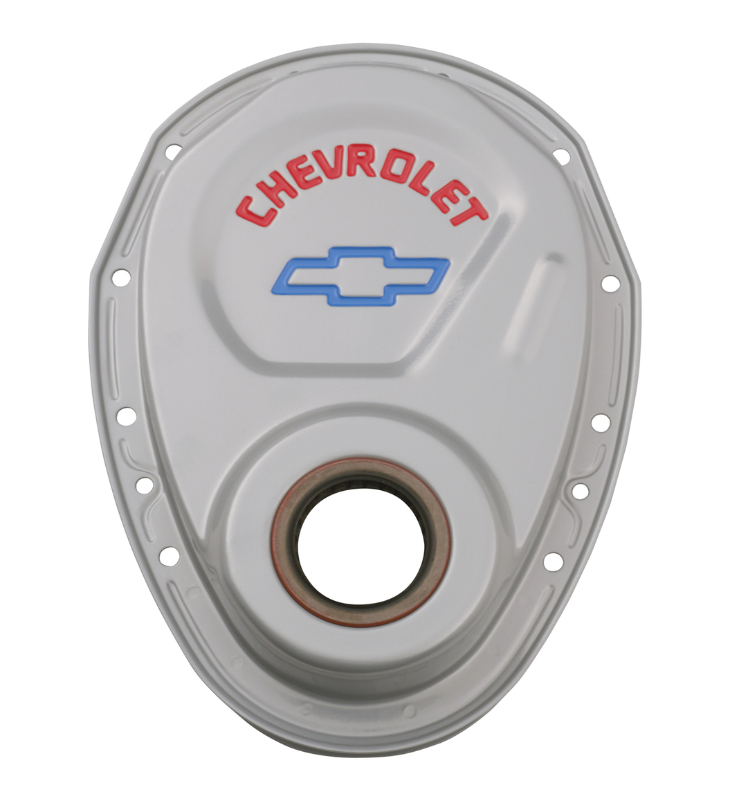 CHEVROLET & BOWTIE EMBLEM METALLIC GRAY TIMING CHAIN COVER