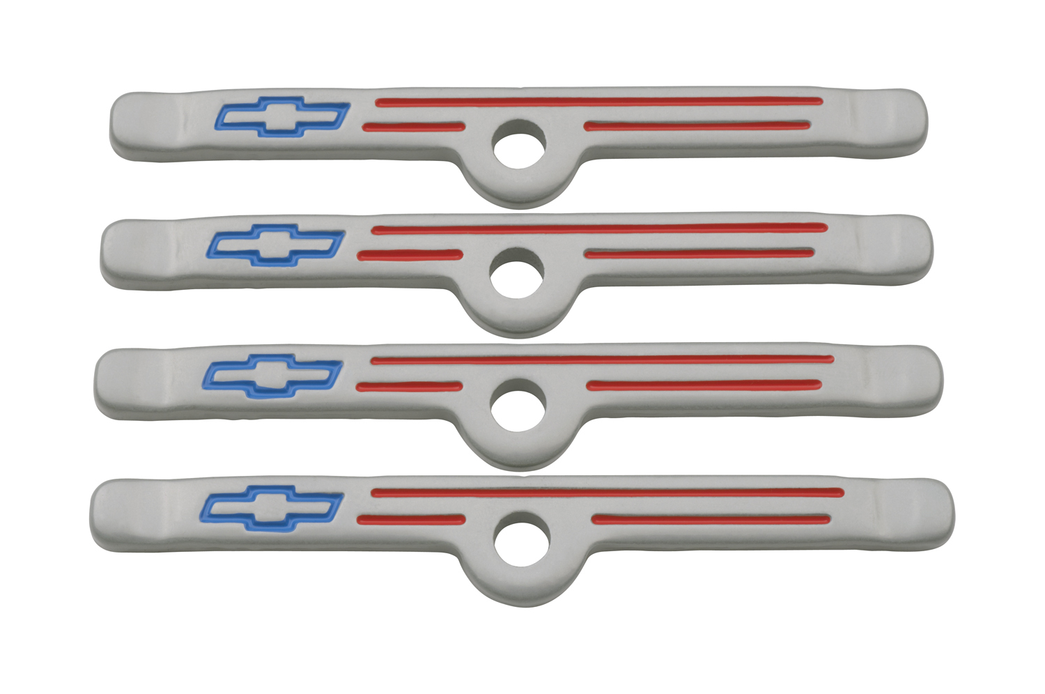 CHEVY BOWTIE EMBLEM METALLIC GRAY VALVE COVER HOLD DOWN CLAMPS - 4 PER PACKAGE