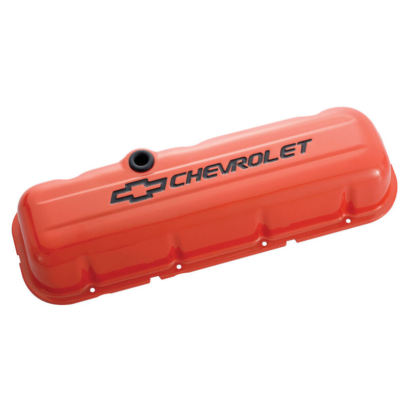 Valve Covers, Short, Steel, Orange Painted, Chevrolet Logo, Chevy, Big Block, Pair