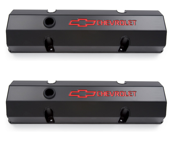 'Chevrolet & Bowtie Emblem' S/B Fabricated Aluminum Valve Cover-With Baffle-Black