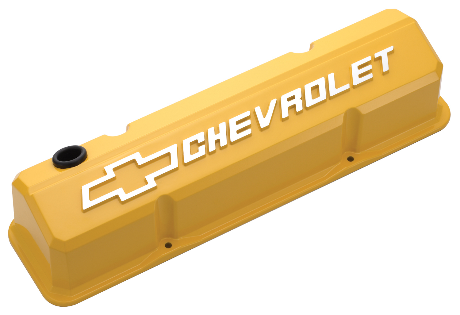 CHEVROLET & BOWTIE EMBLEM DIE-CAST VALVE COVERS, SLANT-EDGE, RAISED EMBLEM, CHEVY S/B V8, 1958-1986, YELLOW