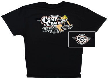 T-Shirt, Pin-Up Girl Logo Rear, Retro COMP Cams Logo Front, Cotton, Black, Men's XL, Each