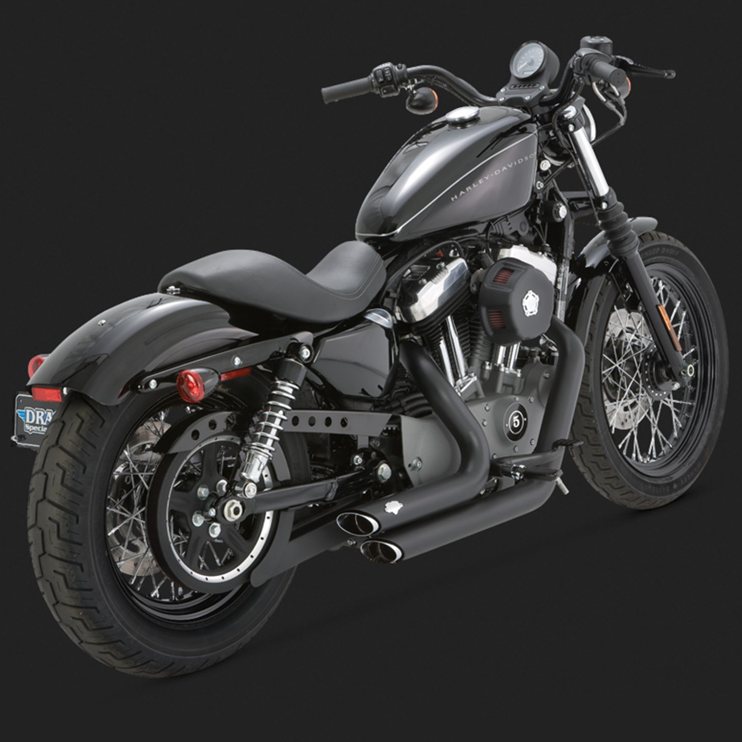 V&H SHORT SHOTS STAGGERED BLACK SPORTSTER 04-13 (04-06 MODELS NEED V16925 O2 SENSOR BUNGS)