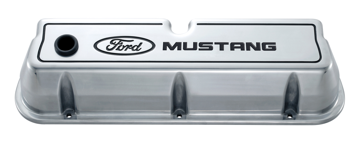FORD MUSTANG DIE-CAST ALUM VALVE COVERS, POLISHED, BLACK RECESSED EMBLEMS.