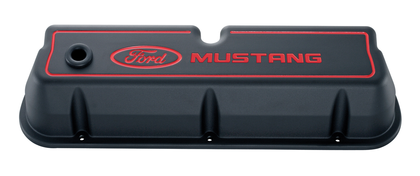 FORD MUSTANG DIE-CAST ALUM VALVE COVERS, BLACK CRINKLE, RED RECESSED EMBLEMS.