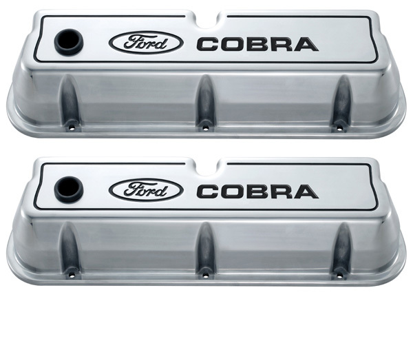 FORD COBRA DIE-CAST ALUM VALVE COVERS, POLISHED, BLACK RECESSED EMBLEMS.