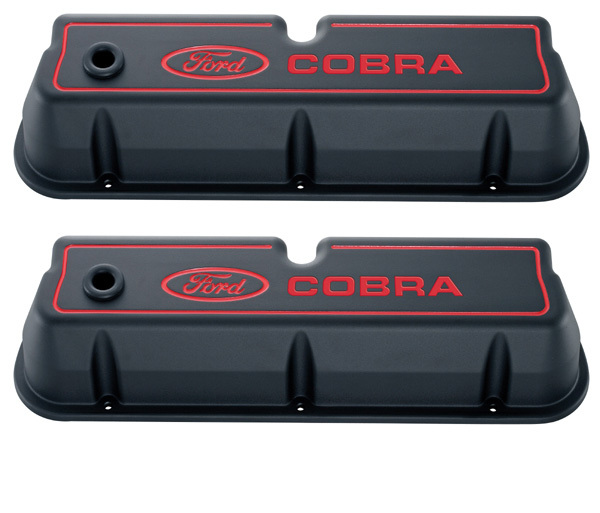 FORD COBRA DIE-CAST ALUM VALVE COVERS, BLACK CRINKLE, RED RECESSED EMBLEMS.