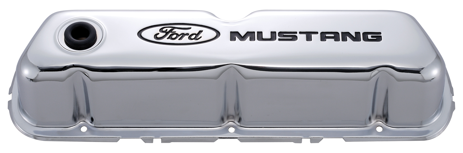 FORD MUSTANG STAMPED STEEL VALVE COVERS, CHROME, BLACK RECESSED EMBLEMS.