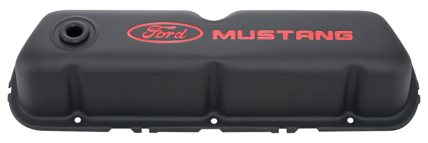 FORD MUSTANG STAMPED STEEL VALVE COVERS, BLACK CRINKLE, RED RECESSED EMBLEMS.