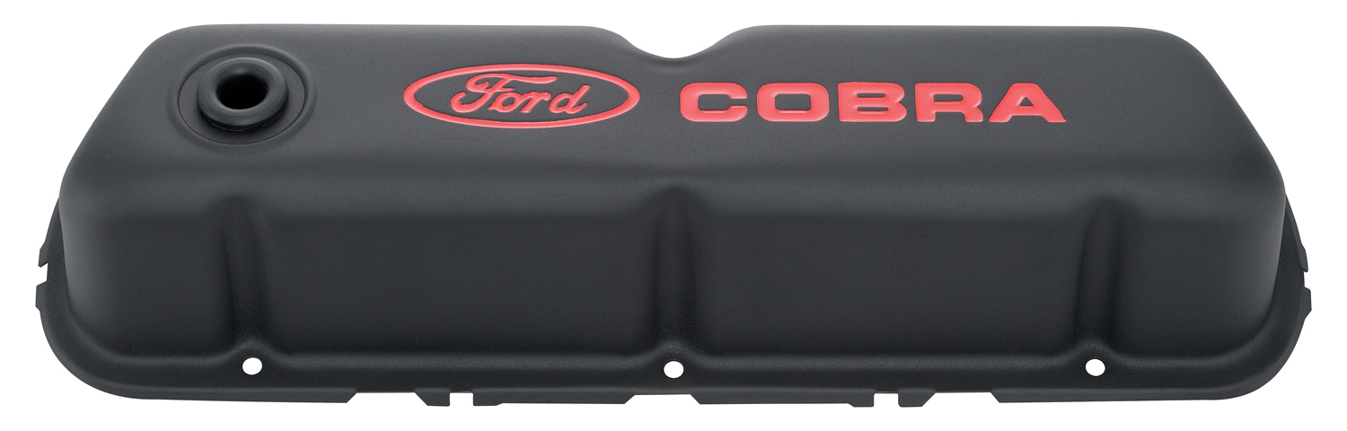 FORD COBRA STAMPED STEEL VALVE COVERS, BLACK CRINKLE, RED RECESSED EMBLEMS.