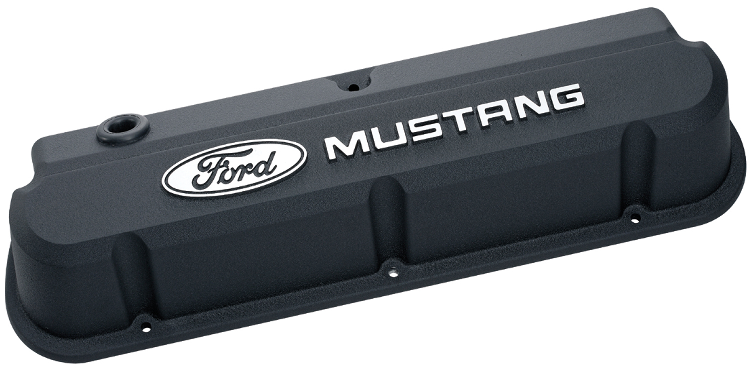 FORD MUSTANG DIE-CAST VALVE COVERS, SLANT-EDGE, BLACK CRINKLE, RAISED EMBLEMS.