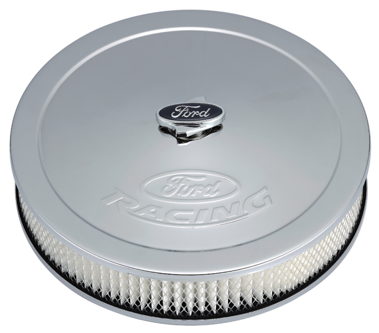 Air Cleaner, Chrome, 13 in. Diameter, Ford Logo, Blue Oval Wing Nut, 5.125 in. Inlet, 0.625 in.Drop Base, Kit