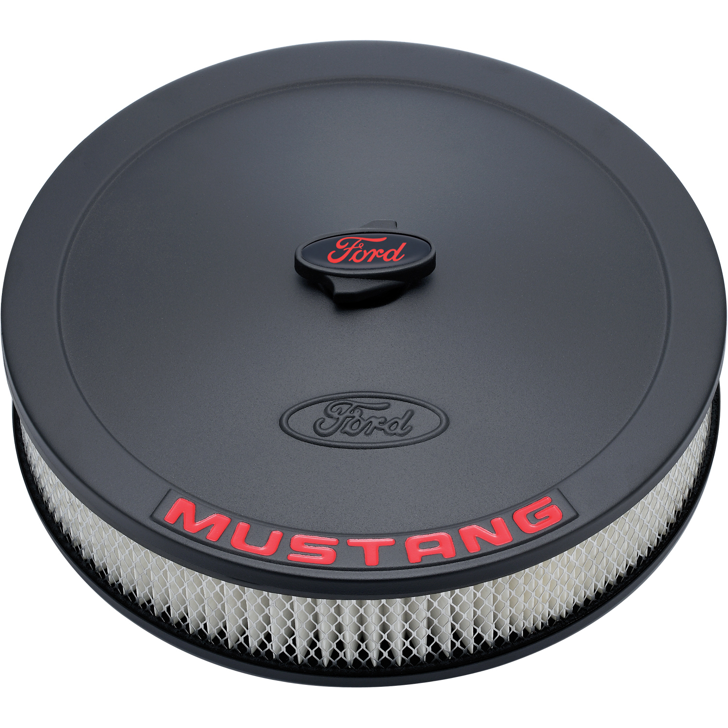 FORD MUSTANG AIR CLEANER KIT, BLACK CRINKLE, RAISED FORD LOGO, RED MUSTANG LOGO