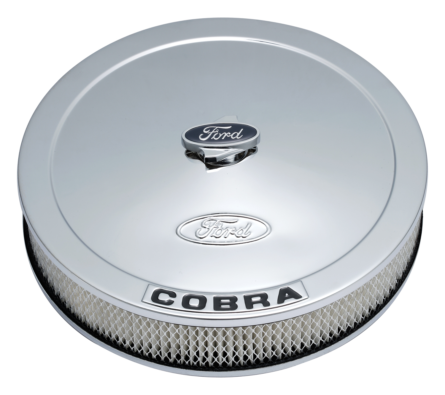 FORD COBRA AIR CLEANER KIT, CHROME, RAISED FORD LOGO, BLACK COBRA LOGO