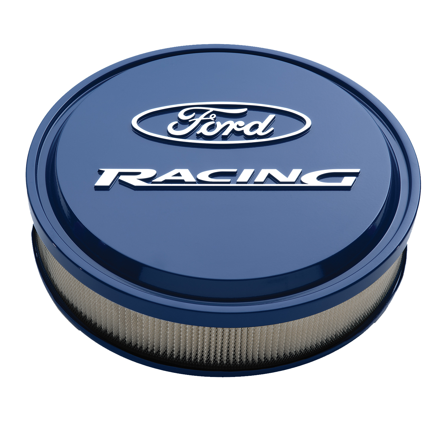 Air Cleaners, Ford Racing Licensed Slant-Edge, Round, Dropped Base, Blue Powdercoat, Ford Racing Logo Top, 13 in. Diameter, 2.625 in. Filter Height