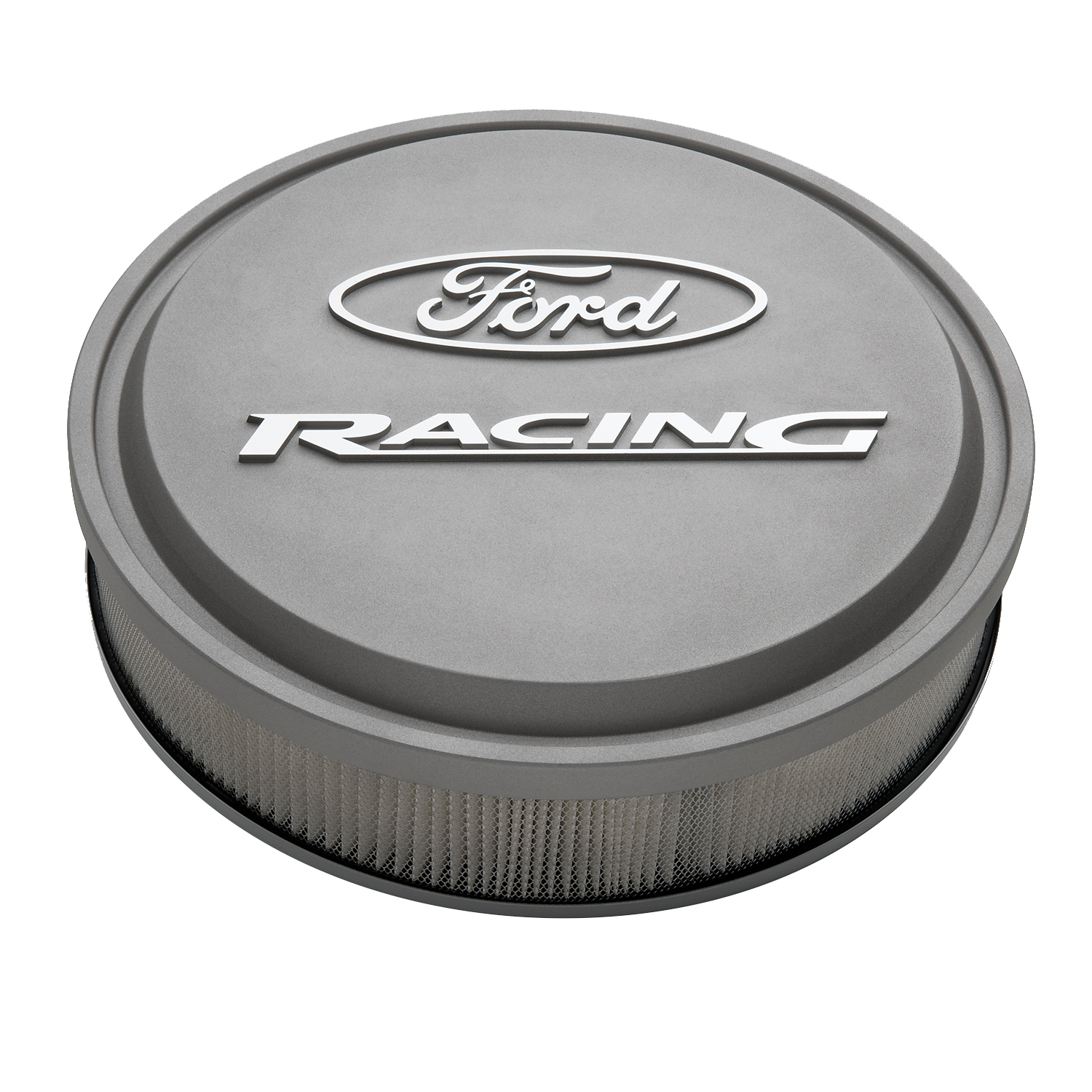 Air Cleaners, Ford Racing Licensed Slant-Edge, Round, Dropped Base, Gray Crinkle, Ford Racing Logo Top, 13 in. Diameter, 2.625 in. Filter Height, Each