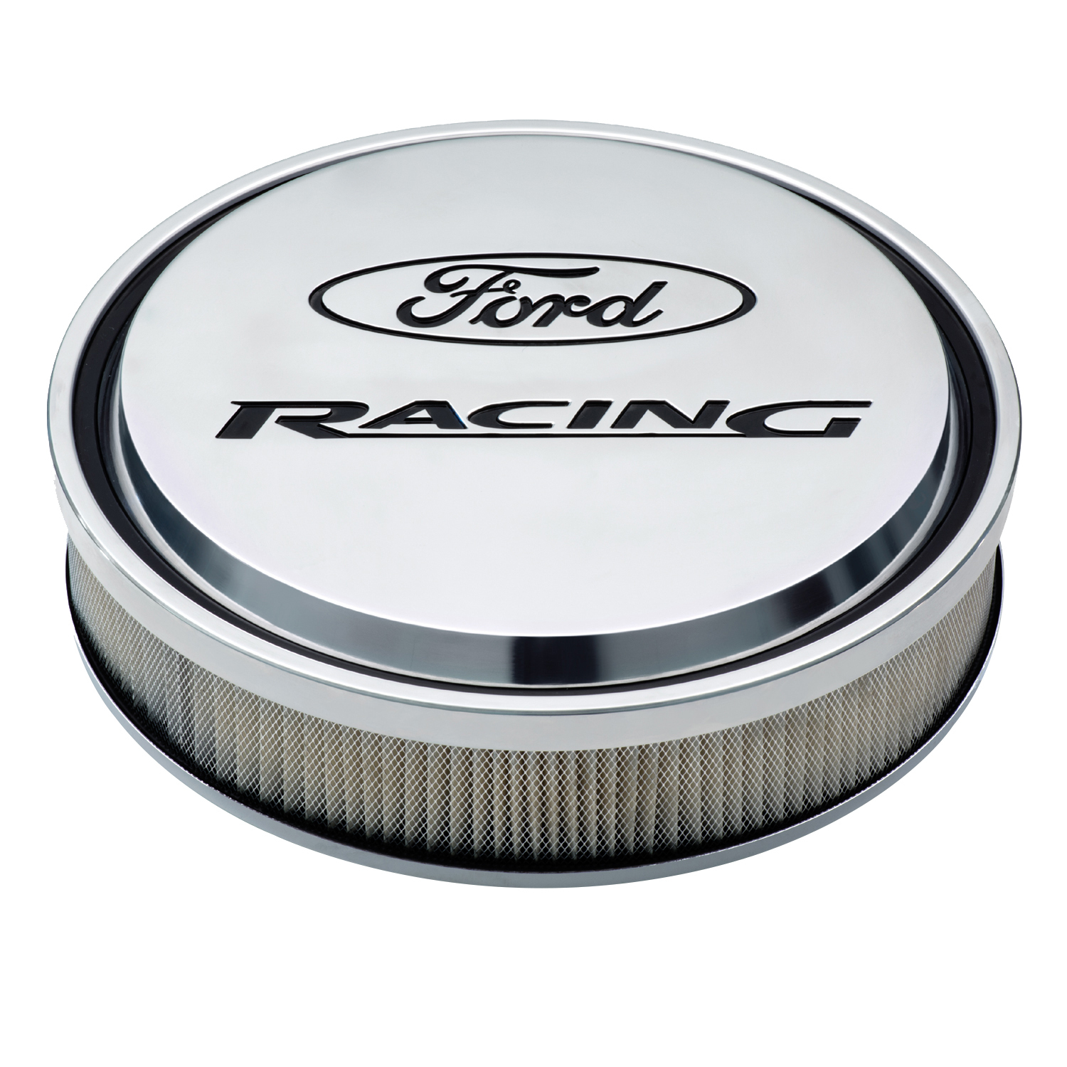 Air Cleaners, Ford Racing Licensed Slant-Edge, Round, Dropped Base, Polished, Ford Racing Logo Top, 13 in. Diameter, 2.625 in. Filter Height, Each