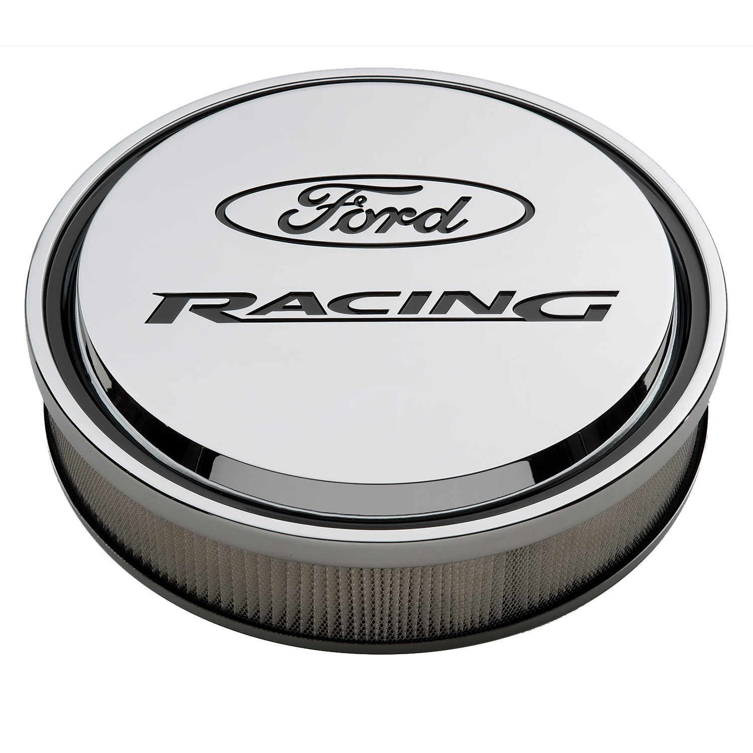 Air Cleaners, Ford Racing Licensed Slant-Edge, Round, Dropped Base, Chrome, Ford Racing Logo Top, 13 in. Diameter, 2.625 in. Filter Height, Each