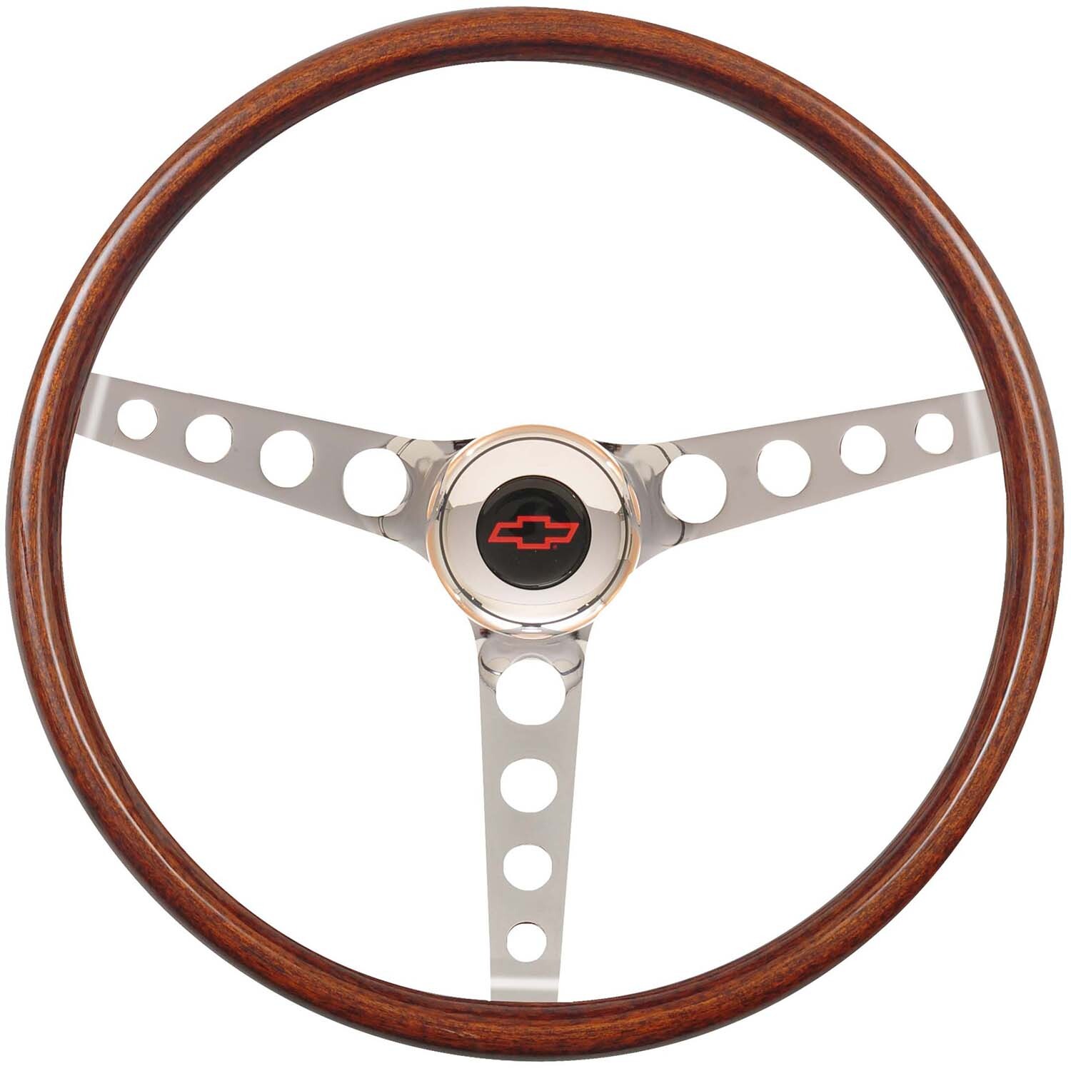 Steering Wheel, GT Classic Wood, 3-spoke, Polished Chrome, Wood Grip, Walnut Color, 15 in. Diameter, Each