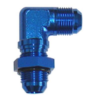 MILODON Bulkhead Fitting, 90 degree, Aluminum, Blue Anodized, -12 AN Male Threads, Nut, for Pump Cover, Each