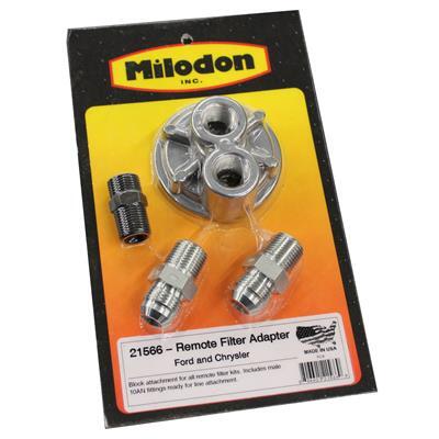 MILODON Adapter, Oil Filter Bypass, Bolt-On, For Chrysler, For Ford, Aluminum, Natural, 1/2 in. NPT Inlet/Outlet, Each