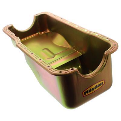 MILODON Oil Pan, Steel, Gold Iridite, 5 qt., For Ford, 289/302, Pre-1973 Front Sump Chassis, Int Oil Control Baffles, Each
