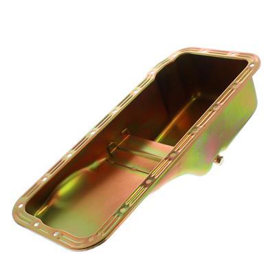 MILODON Oil Pan, Steel, Gold Iridite, 5 qt., For Ford, FE, Pre-1973 Front Sump Chassis, Int Oil Control Baffles, Each