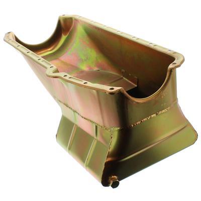 MILODON Oil Pan, Steel, Gold Iridite, 7 qt., For Chevrolet, Low Profile, Small Block, 1955-79 LH Dipstick, Each