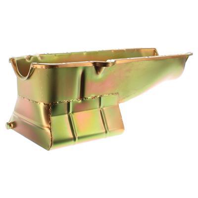 MILODON Oil Pan, Steel, Gold Iridite, 7 qt., For Chevrolet, Small Block, Low Profile, Dart SHP and 1980-85 RH Dipstick, Each