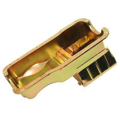 MILODON Oil Pan, Steel, Gold Iridite, 8 qt., For Ford, Small Block, 289/302, Fits Pre-1973 Front Sump Chassis, Each