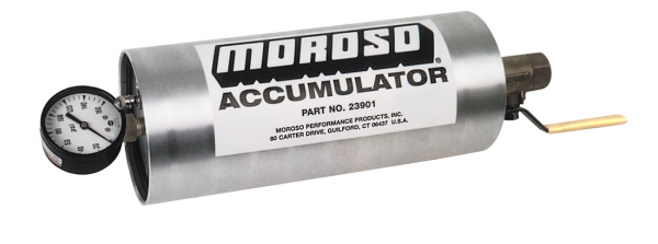 Engine Oil Accumulator, 1.5 Quarts, 10.0" x 4.25", Aluminium, Natural Finish, Gauge, Shut-Off Valve, Each