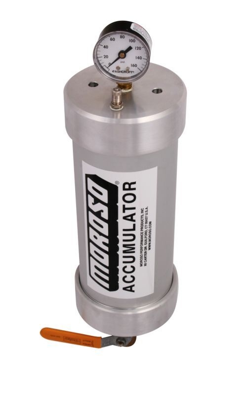 Engine Oil Accumulator, 1.5 Quarts, 12" x 4.25", Aluminium, Natural Finish, Gauge, Shut-Off Valve, Each