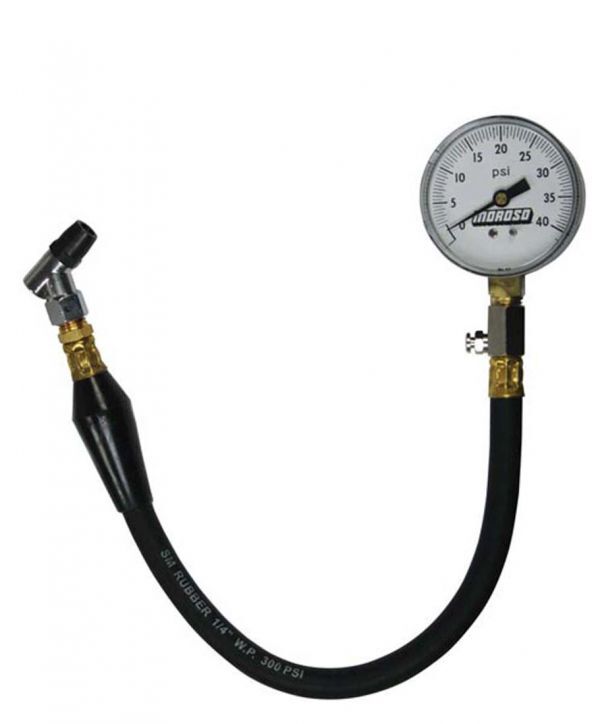 tyre Pressure Gauge; 2 5/8 in. dia. Face; .5 in. Icrements; 15.5 in. Hose w/Finger Operated Air-Bleed; 0-40 psi.;