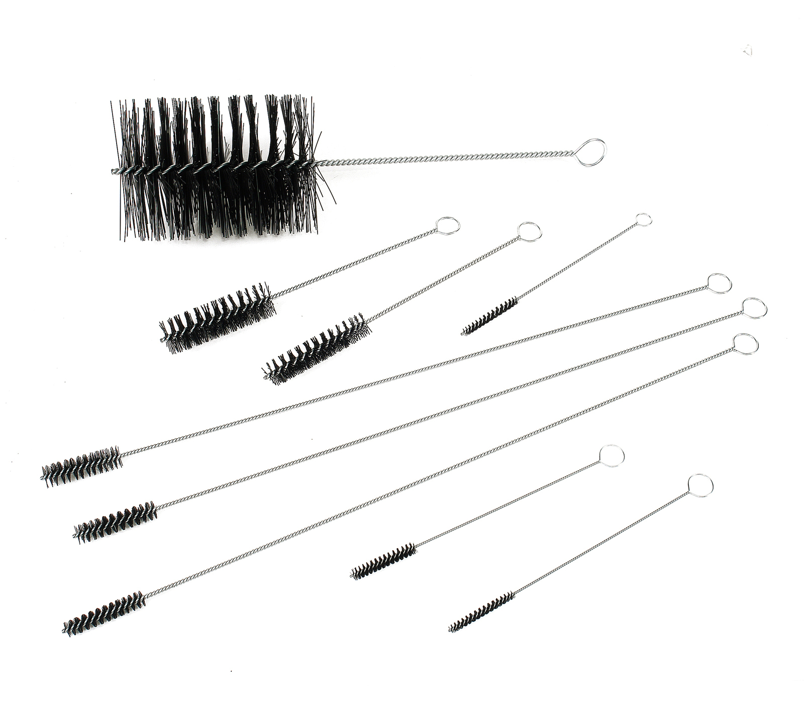 Engine Brushes, Nylon Bristles, Twisted Steel Handles, 9 Assorted Sizes, Set of 9