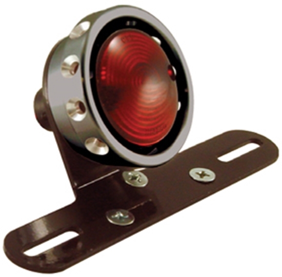 VINTAGE DRILLED TAILLIGHT CUSTOM USE WITH 12 VOLT BULB BLACK ALUMINUM LENS RING