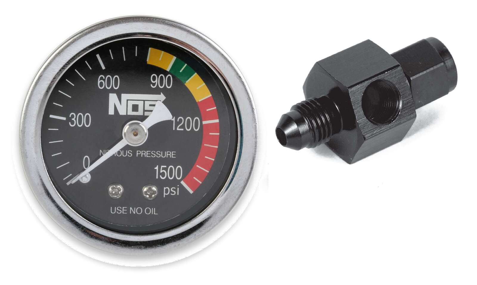 Nitrous Pressure Gauge, Black, 11/2in., 01500psi with 4AN adapter NOS