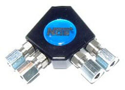 Distribution Block, Nitrous Oxide, Y-Type, Billet Aluminum, Black Anodized, Single Inlet/Four Outlets, Each