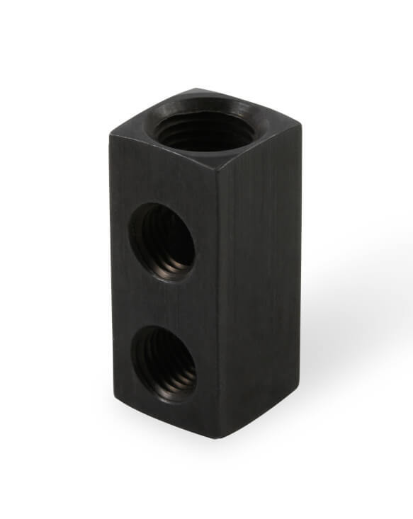 Distribution Block, Nitrous Oxide, Y-Type, Billet Aluminum, Black Anodized, Single Inlet/Four Outlets, Each