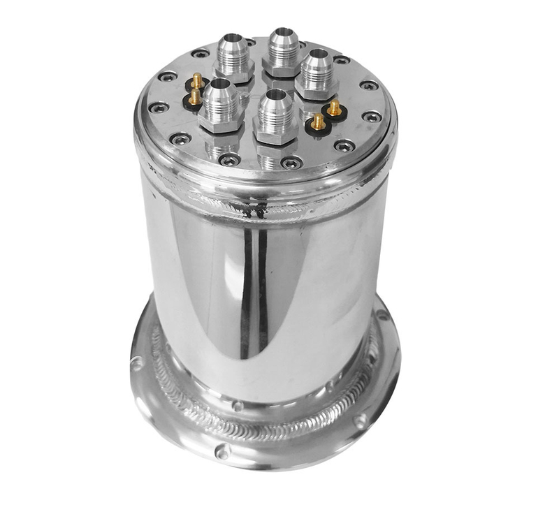 Billet Surge Tank Kit, Round 152 x 230mm Polished, Dual Mount In tank Carrier-AN8 Male, 39mm fuel pumps